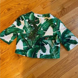 Dolce Gabbana Banana Leaf Girls Cropped Jacket 11/12 Green White Sequin Brocade